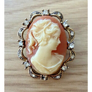 Vintage Cameo Brooch Rhinestone Frame Pink White Lady Portrait